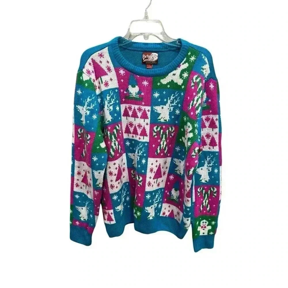 Party Sweater Dec 25th Adult Large Blue & Pink Pullover Sweater Holiday XMas